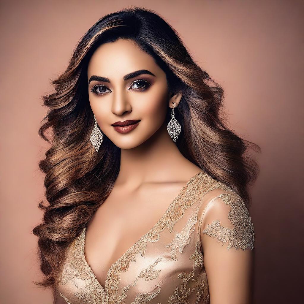 A portrait of Kiara Advani, an Indian actress, in a glamorous and stylish outfit, exuding confidence and elegance