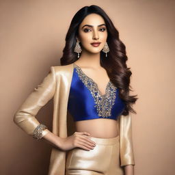 A portrait of Kiara Advani, an Indian actress, in a glamorous and stylish outfit, exuding confidence and elegance