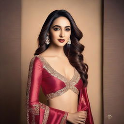 A portrait of Kiara Advani, an Indian actress, in a glamorous and stylish outfit, exuding confidence and elegance