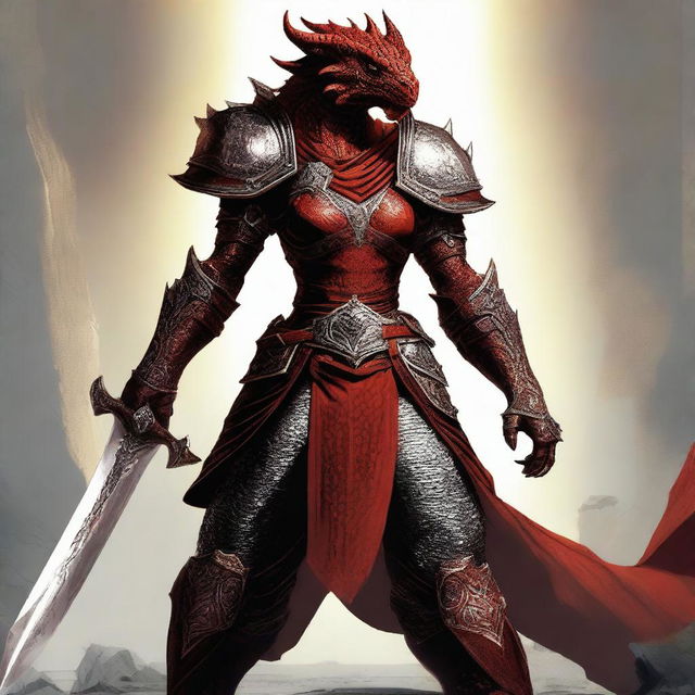 A fierce red female dragonborn fighter, standing tall with a muscular build