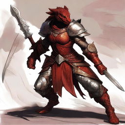 A fierce red female dragonborn fighter, standing tall with a muscular build