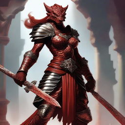 A fierce red female dragonborn fighter, standing tall with a muscular build