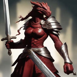 A fierce red female dragonborn fighter, standing tall with a muscular build