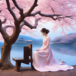 In a twilight garden with soft blue and pink tones, Alhiro, handsome and mysterious, stands under a cherry blossom tree, smirking slightly