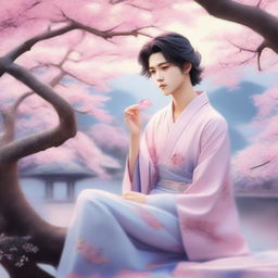 In a twilight garden with soft blue and pink tones, Alhiro, handsome and mysterious, stands under a cherry blossom tree, smirking slightly