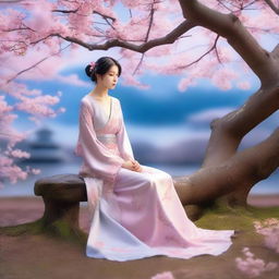 In a twilight garden with soft blue and pink tones, Alhiro, handsome and mysterious, stands under a cherry blossom tree, smirking slightly