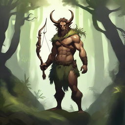 A detailed illustration of a ranger satyr standing in a mystical forest