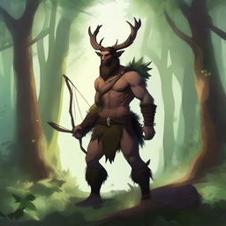 A detailed illustration of a ranger satyr standing in a mystical forest