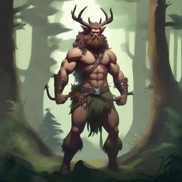 A detailed illustration of a ranger satyr standing in a mystical forest