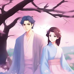 A zoomed-out photo of two characters in a twilight garden with soft blue and pink tones