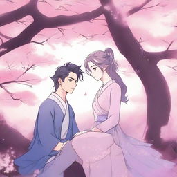 A zoomed-out photo of two characters in a twilight garden with soft blue and pink tones