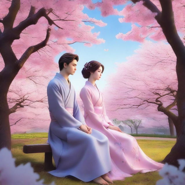 A zoomed-out photo of two characters in a twilight garden with soft blue and pink tones