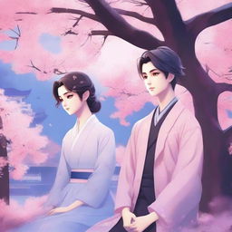 A zoomed-out photo of two characters in a twilight garden with soft blue and pink tones