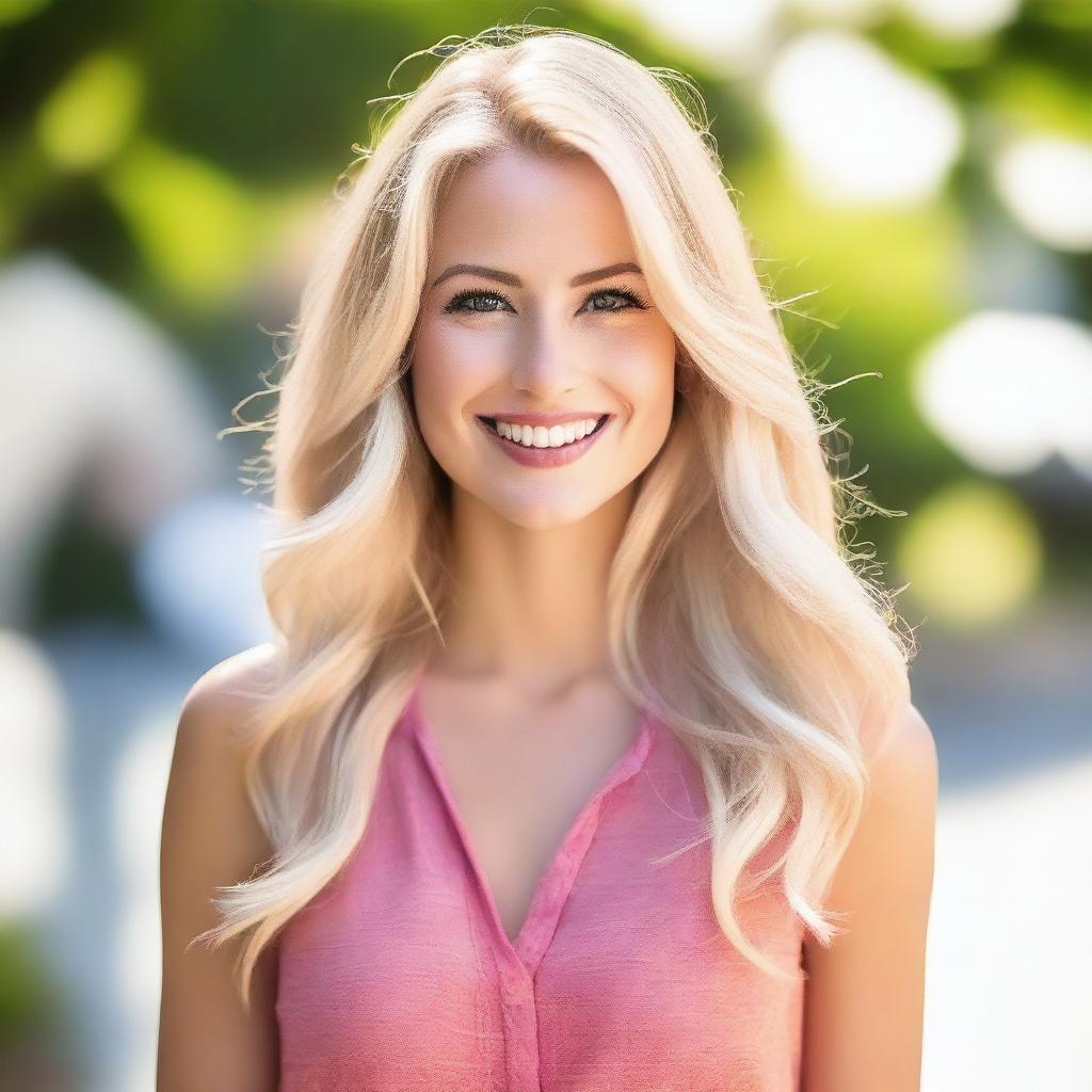 A beautiful blonde woman with flowing hair, bright eyes, and a radiant smile