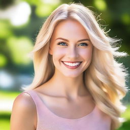 A beautiful blonde woman with flowing hair, bright eyes, and a radiant smile