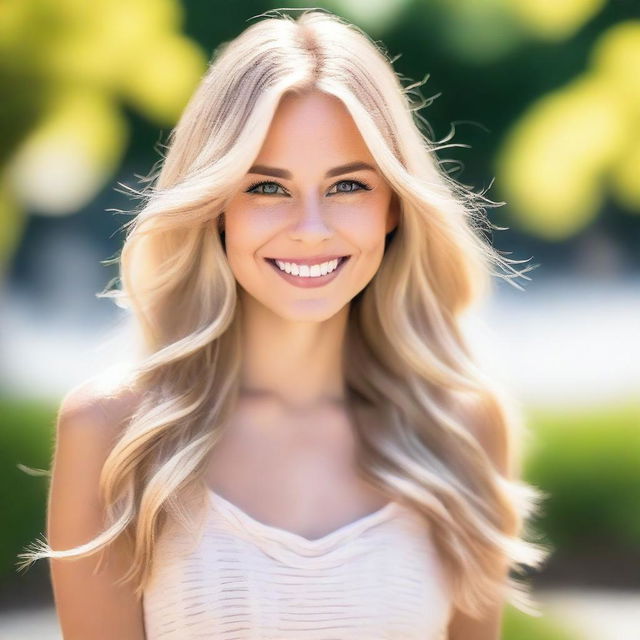 A beautiful blonde woman with flowing hair, bright eyes, and a radiant smile