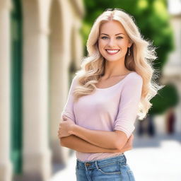 A beautiful blonde woman with flowing hair, bright eyes, and a radiant smile