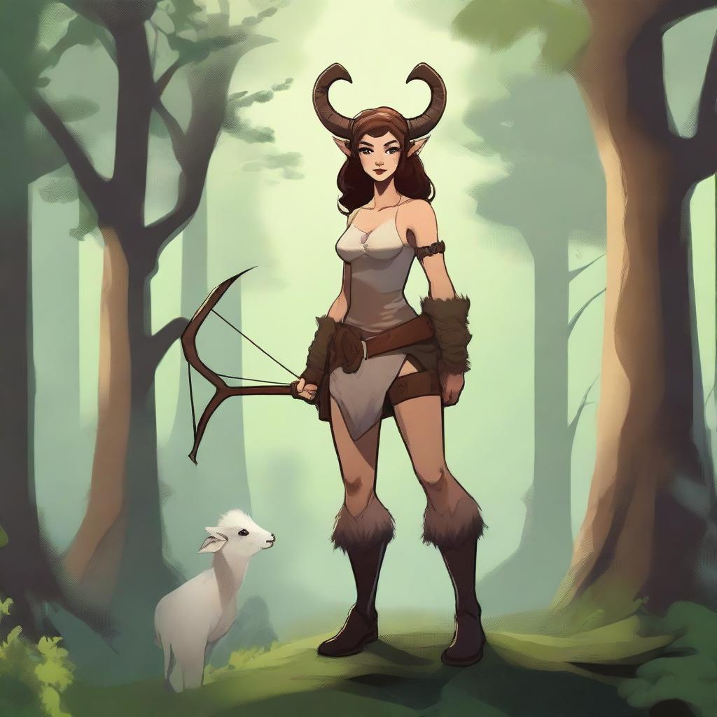 A female satyr ranger standing confidently in a lush forest