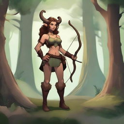 A female satyr ranger standing confidently in a lush forest