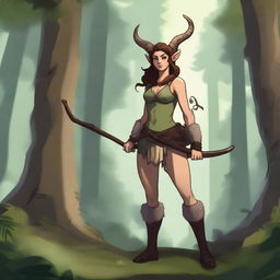 A female satyr ranger standing confidently in a lush forest