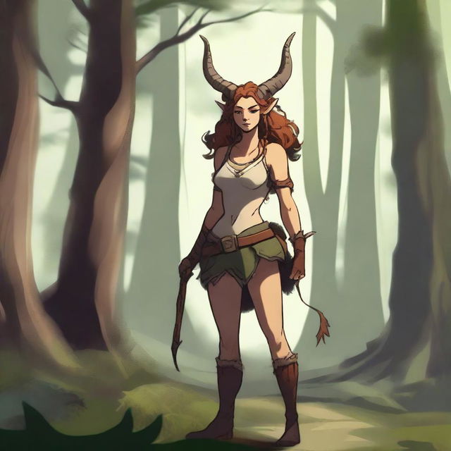 A female satyr ranger standing confidently in a lush forest