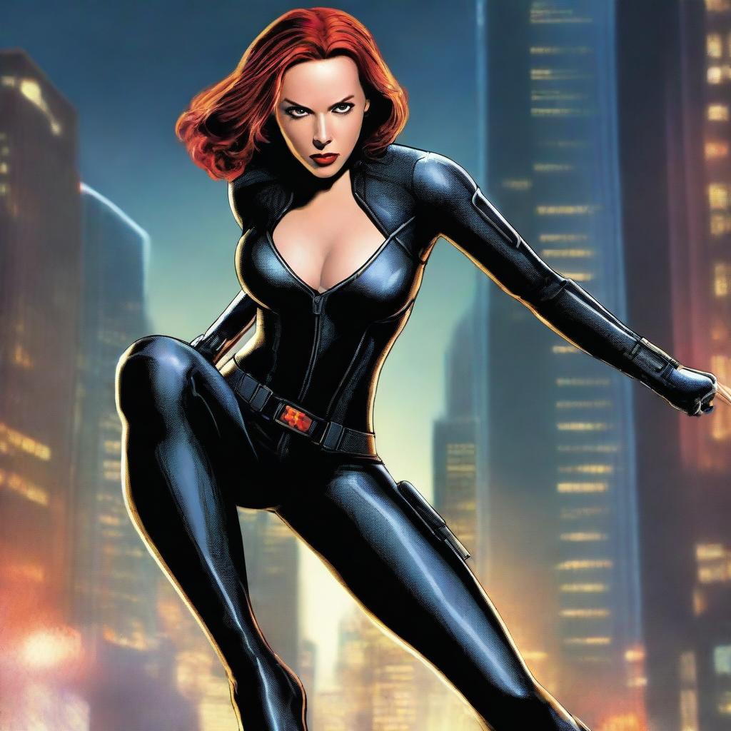 A detailed illustration of Black Widow, the Marvel superhero, in her iconic black suit