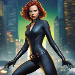 A detailed illustration of Black Widow, the Marvel superhero, in her iconic black suit