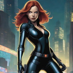 A detailed illustration of Black Widow, the Marvel superhero, in her iconic black suit