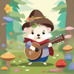 A cute hedgehog dressed as a bard, playing a small lute