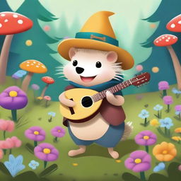 A cute hedgehog dressed as a bard, playing a small lute