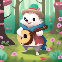 A cute hedgehog dressed as a bard, playing a small lute