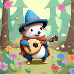 A cute hedgehog dressed as a bard, playing a small lute