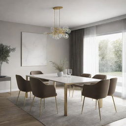 Visualize a luxurious dining room with a minimalist design.