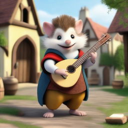 A medieval bard hedgehog wearing traditional bard attire with a lute, singing and playing in a medieval village setting