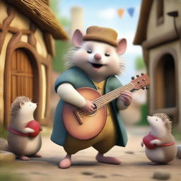 A medieval bard hedgehog wearing traditional bard attire with a lute, singing and playing in a medieval village setting