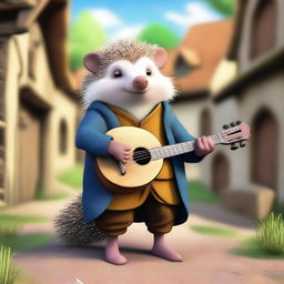 A medieval bard hedgehog wearing traditional bard attire with a lute, singing and playing in a medieval village setting