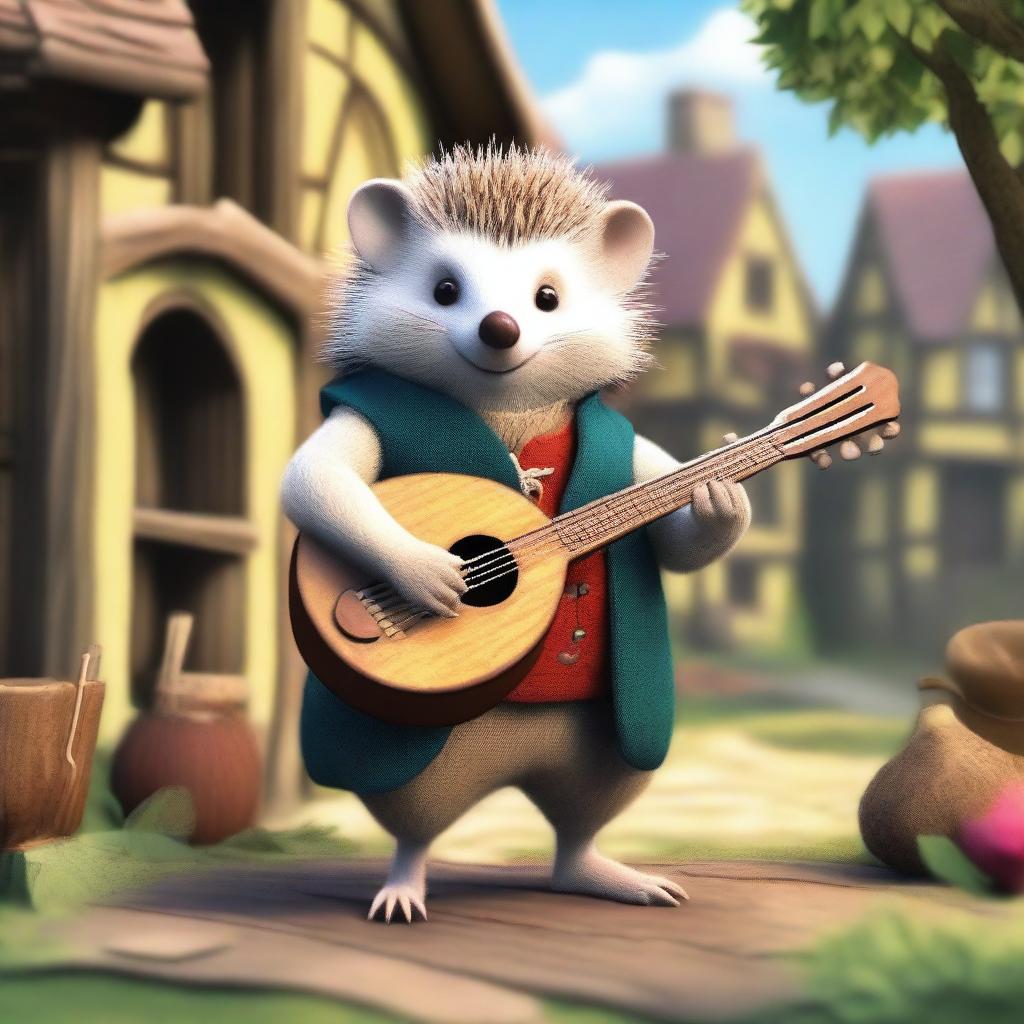 A medieval bard hedgehog wearing traditional bard attire with a lute, singing and playing in a medieval village setting