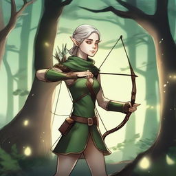 A detailed illustration of an elf archer standing in a mystical forest, drawing back their bow with an arrow ready to be released