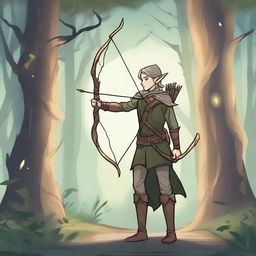 A detailed illustration of an elf archer standing in a mystical forest, drawing back their bow with an arrow ready to be released