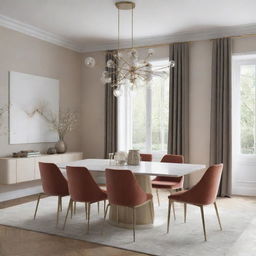 Visualize a luxurious dining room with a minimalist design.