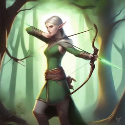 A detailed illustration of an elf archer standing in a mystical forest, drawing back their bow with an arrow ready to be released