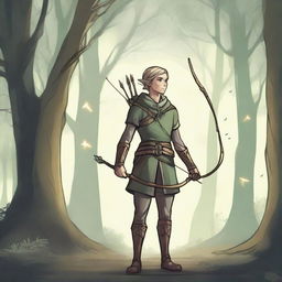 A detailed illustration of an elf archer standing in a mystical forest, drawing back their bow with an arrow ready to be released