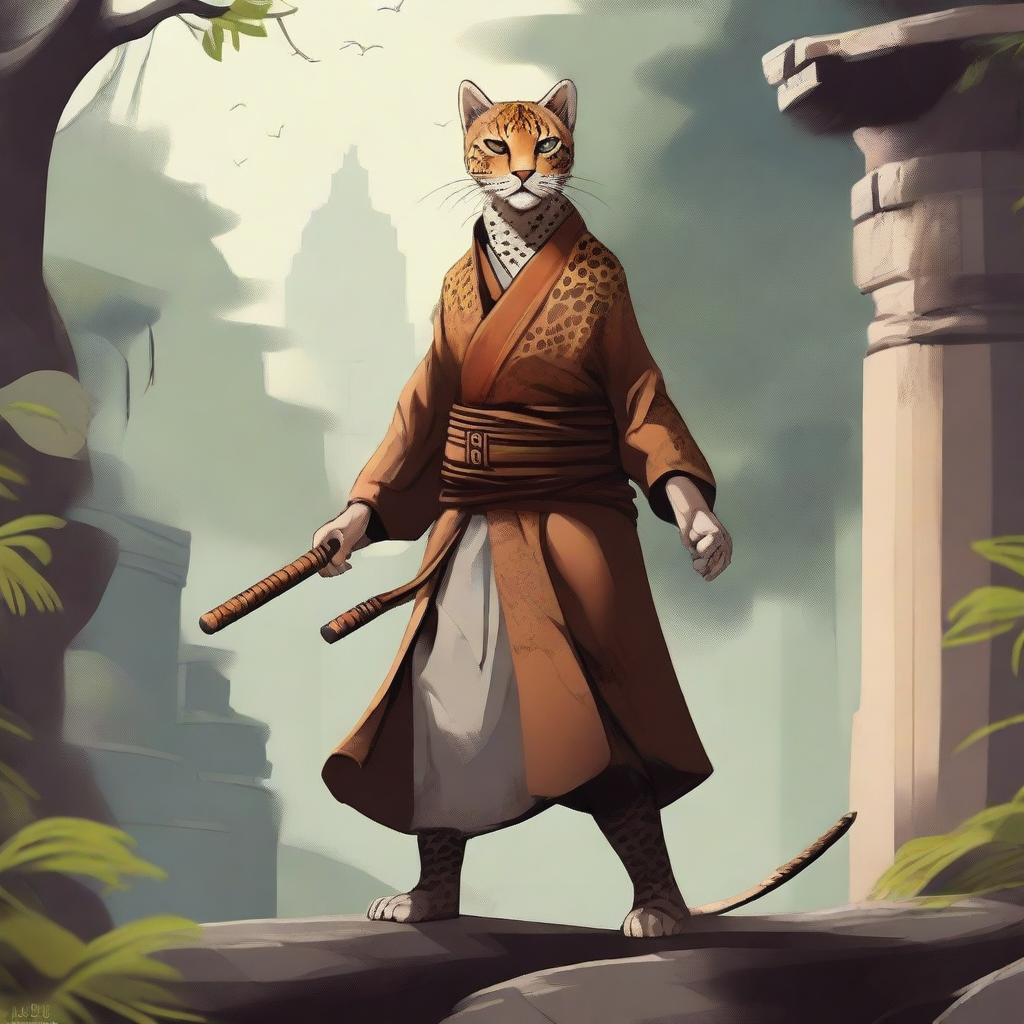 A detailed illustration of a female Tabaxi monk fighter with cheetah-like features