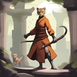 A detailed illustration of a female Tabaxi monk fighter with cheetah-like features