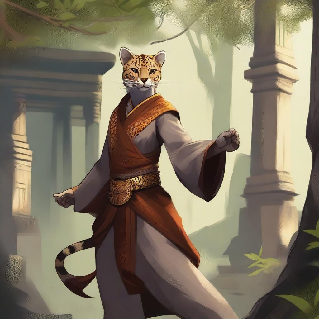 A detailed illustration of a female Tabaxi monk fighter with cheetah-like features