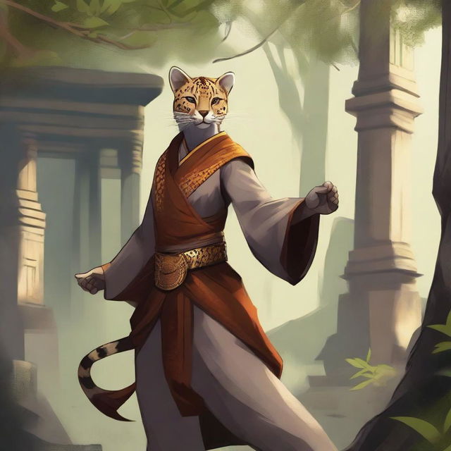 A detailed illustration of a female Tabaxi monk fighter with cheetah-like features