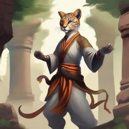 A detailed illustration of a female Tabaxi monk fighter with cheetah-like features