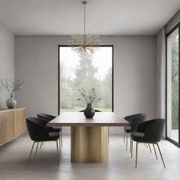 Visualize a luxurious dining room with a minimalist design.