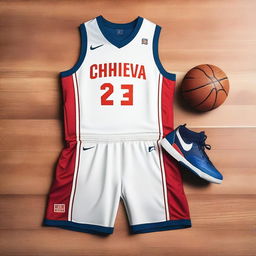 A detailed image of a basketball uniform, showcasing the jersey and shorts with a vibrant color scheme