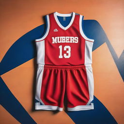 A detailed image of a basketball uniform, showcasing the jersey and shorts with a vibrant color scheme